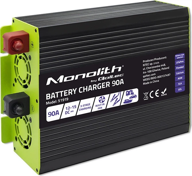Inteligentna ładowarka Qoltec Monolith do akumulatora LiFePO4/AGM/GEL/SLA 12 V 90 A (5901878519197) - Zdjęcie 2 Inteligentna ładowarka Qoltec Monolith do akumulatora LiFePO4/AGM/GEL/SLA 12 V 90 A (5901878519197) - obraz 2