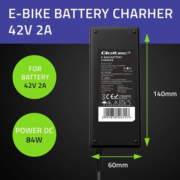 Зарядний пристрій для електровелосипеда Qoltec 36 В 42 В 2 A 3P XLR 18 мм (5901878526157) - зображення 8