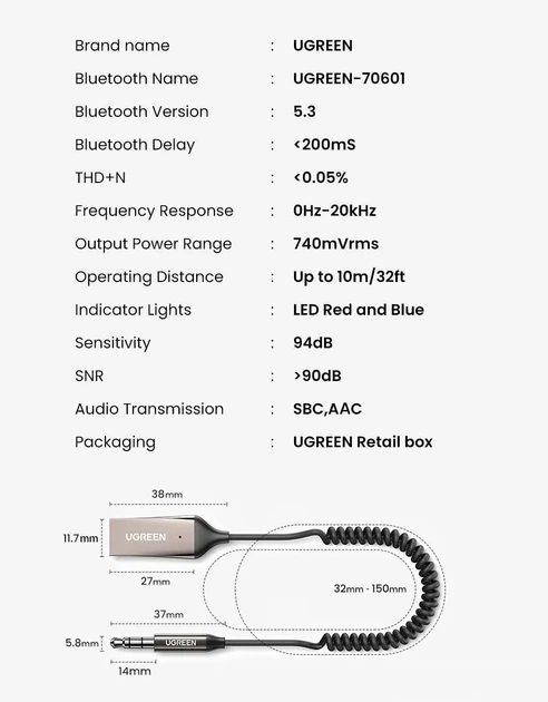 Адаптер Bluetooth UGREEN CM309 автомобільний AUX ресивер з мікрофоном Сірий (70601) - Фото 15 Адаптер Bluetooth UGREEN CM309 автомобільний AUX ресивер з мікрофоном Сірий (70601) - зображення 15