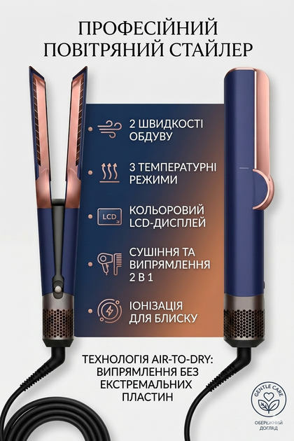 Випрямляч фен для волосся Airstrait HT-01 1600Вт Синій/Золотистий - зображення 3