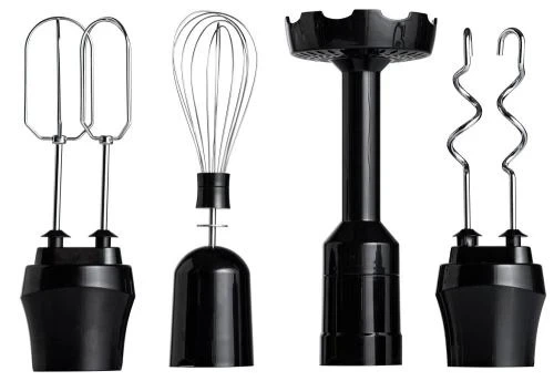 Блендер Liberton LHB-0310, Black/Red, 1000W, занурювальній, плавне рег швидкості, вінчик, насадка для пюре, мірний стакан, мультиподрібнювач, диски для нарізання овочів/фруктів, для нарізання соломкою, тертка для дерунів, гаки, насадка-міксер - изображение 3