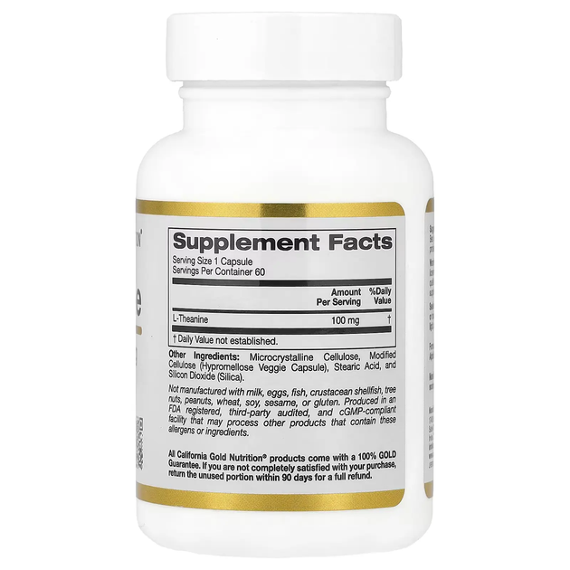 L-теанин 60 капсул (L-Theanine Per Serving) 100 мг, California Gold Nutrition, 60 капсул - Фото 2 L-теанин 60 капсул (L-Theanine Per Serving) 100 мг, California Gold Nutrition, 60 капсул - изображение 2