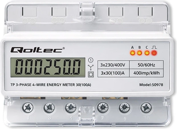 Miernik zużycia energii elektrycznej Qoltec trójfazowy 400 V 100 A LED na szynę DIN (5901878509785) - obraz 2