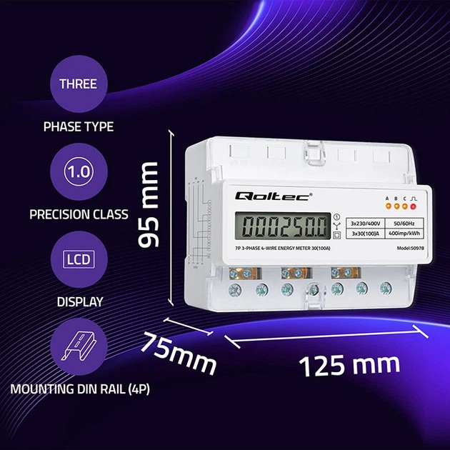 Miernik zużycia energii elektrycznej Qoltec trójfazowy 400 V 100 A LED na szynę DIN (5901878509785) - obraz 12
