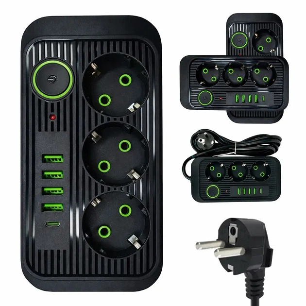 Мережевий фільтр-подовжувач 3 розетками 4 USB, 1 Type-C трійник із запобіжником 2500 Вт 3 м Чорний - зображення 4