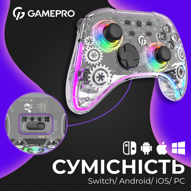 Беспроводной геймпад GamePro GPX13T 2.4G/BT 5.1/USB (Switch/PC/iOS/Android) RGB Transparent - Фото 17 Беспроводной геймпад GamePro GPX13T 2.4G/BT 5.1/USB (Switch/PC/iOS/Android) RGB Transparent - изображение 17
