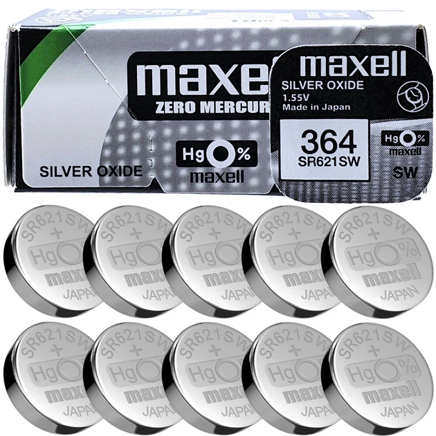 Батарейки Maxell SR621SW (364) 1.55V Silver Oxide, набір 10 шт, срібно-оксидні для годинників - Фото 1 Батарейки Maxell SR621SW (364) 1.55V Silver Oxide, набір 10 шт, срібно-оксидні для годинників - зображення 1