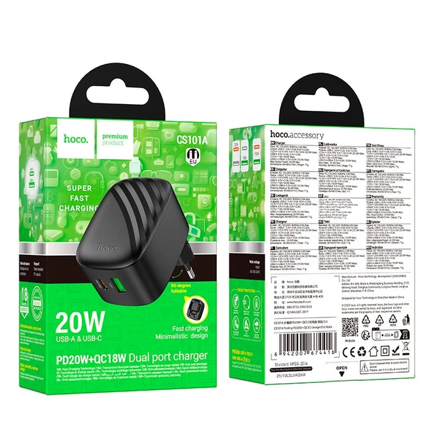 Адаптер сетевой HOCO folding charger CS101A |1USB/1Type-C, 20W/3A, PD/QC| - изображение 2
