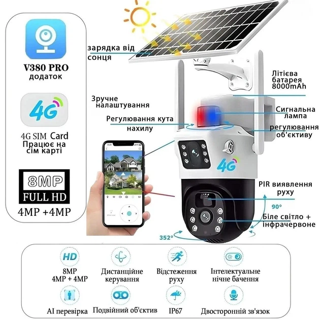 Вулична 4G IP-камера CAMERA SD 35-4G з сонячною панеллю, PTZ, Full HD 8 Мп, нічне бачення, детектор руху та двосторонній аудіозв’язок - Фото 5 Вулична 4G IP-камера CAMERA SD 35-4G з сонячною панеллю, PTZ, Full HD 8 Мп, нічне бачення, детектор руху та двосторонній аудіозв’язок - изображение 5