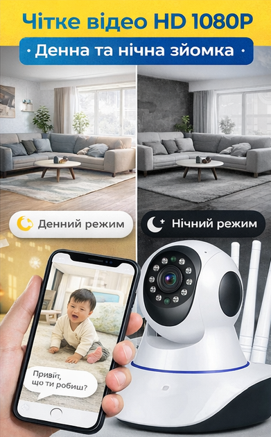 Відеоняня, Внутрішня Wi-Fi камера спостереження з поворотом 355°, HD 1080p, нічне бачення, датчик руху, двосторонній аудіозв'язок, сирена, слот microSD до 64 ГБ - зображення 10