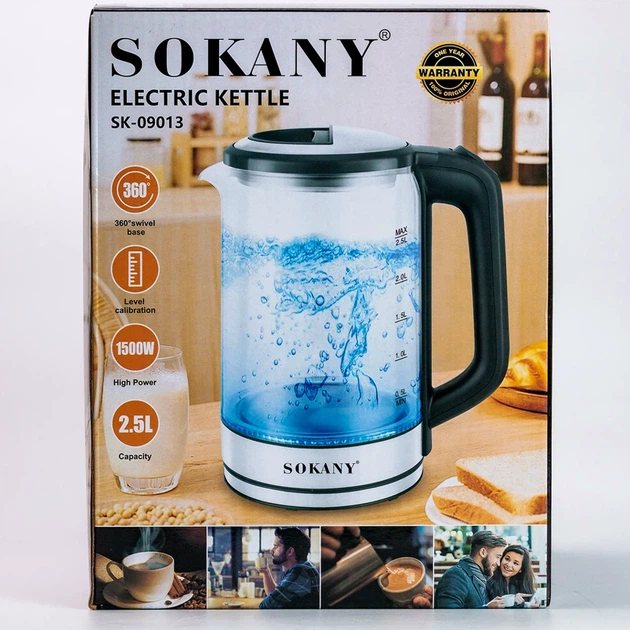 Электрический чайник Sokany SK-09013 2.5 литра мощность 2200 Вт автоотключение защита от перегрева стекло - изображение 8