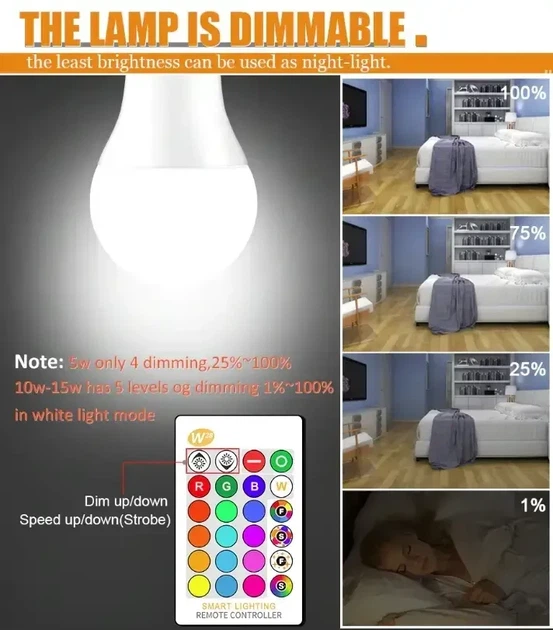 Лампа різнокольорова світлодіодна 15 кольорів з пультом керування Е27 10 W RGB LED - зображення 7