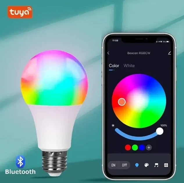 Светодиодная разноцветная смарт лампа E27 с Bluetooth, блютуз Tuya Smart Life лампочка RGB управления через телефон - изображение 4