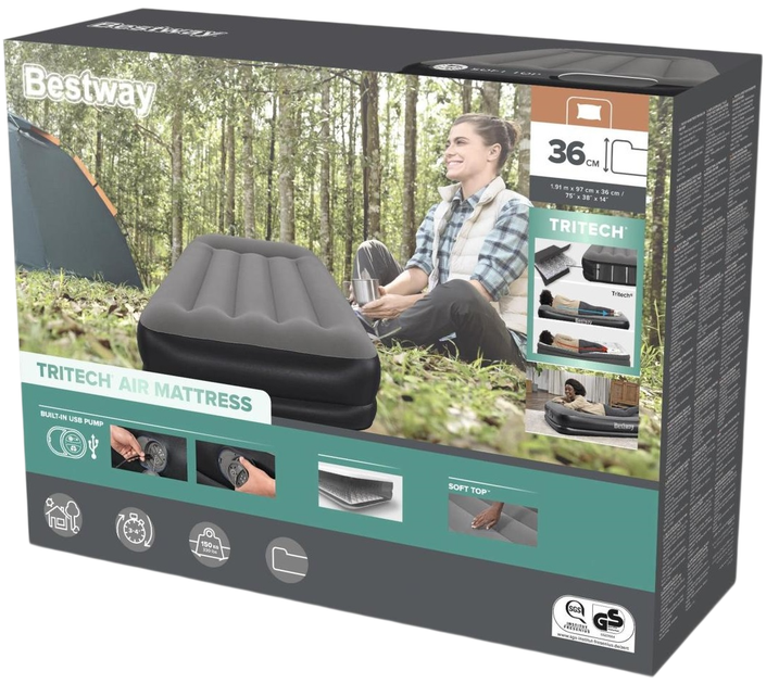 Materac dmuchany Bestway Tritech Twin turystyczny z wbudowaną pompą powietrza 191 x 97 x 36 cm (6941607370506) - obraz 3