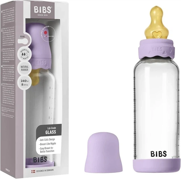 Скляна дитяча пляшечка BIBS Glass Baby Bottle Round Latex Boheme Violet - 240 ml, 2+m - зображення 7