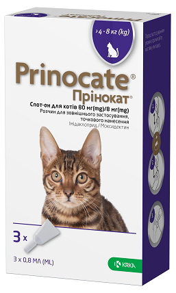 KRKA Prinocate Прінокат краплі від бліх та кліщів для котів 4-8кг, 80/8мг (3 піпетки/уп) (157413) - Фото 1 KRKA Prinocate Прінокат краплі від бліх та кліщів для котів 4-8кг, 80/8мг (3 піпетки/уп) (157413) - изображение 1