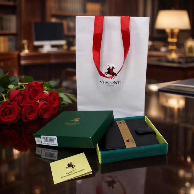 Кожаный кошелек на кнопке Visconti HT10 Black RFID Подарочный пакет в комплекте - Фото 13 Кожаный кошелек на кнопке Visconti HT10 Black RFID Подарочный пакет в комплекте - изображение 13