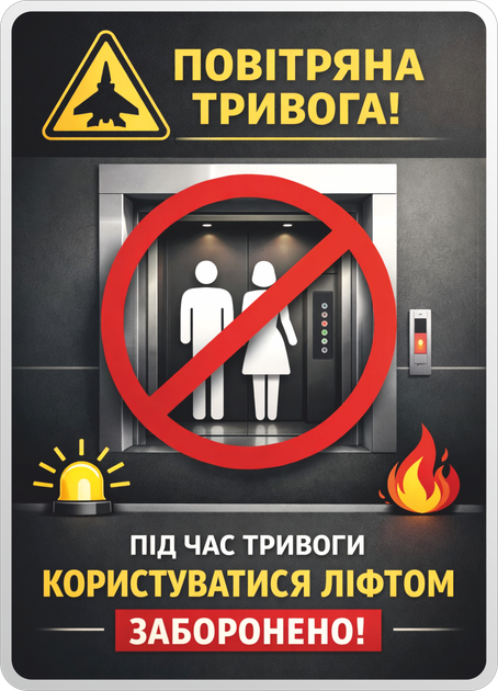 Наклейка "Во время тревоги пользоваться лифтом запрещено", 18х25 см. пленка, УФ печать - изображение 2