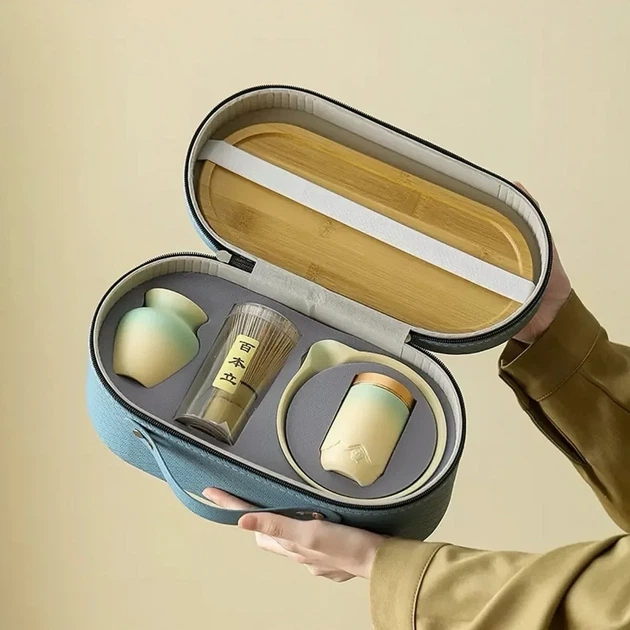 Набір для приготування чаю матча з аксесуарами в кейсі Matcha Case Kit бірюзовий бамбук-кераміка - зображення 2