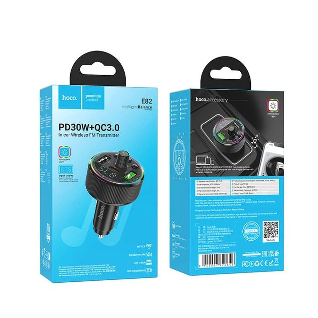 FM-модулятор для автомобиля Hoco E82 PD30W+QC3.0 Bluetooth-передатчик с быстрой зарядкой Черный - изображение 6