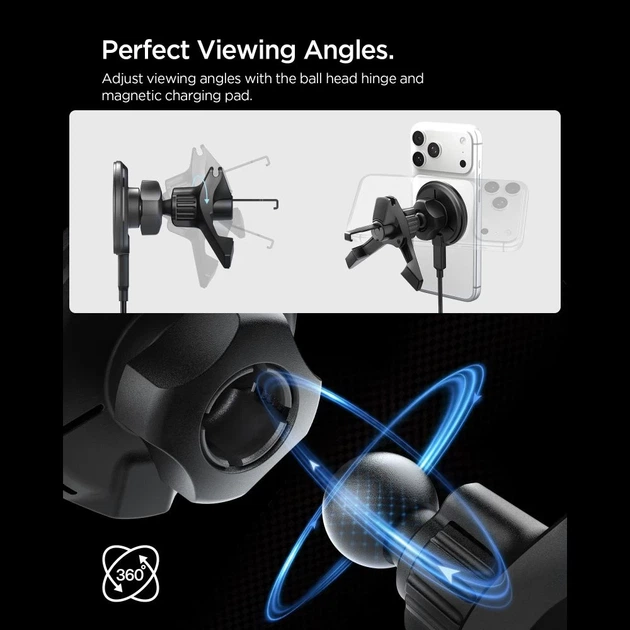 Автодержатель с функцией беспроводной зарядки Spigen EV15MAQ Essential Magnetic Vent Car Mount 15W Qi2 Black with MagSafe (ACP10513) - Фото 5 Автодержатель с функцией беспроводной зарядки Spigen EV15MAQ Essential Magnetic Vent Car Mount 15W Qi2 Black with MagSafe (ACP10513) - изображение 5