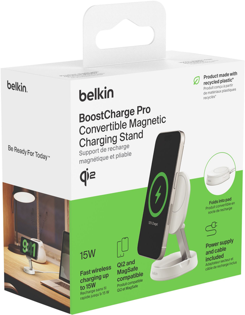 Зарядний пристрій бездротовий Belkin 15Вт Magnetic Stand Qi2, адаптер 20Вт USB-C, білий - изображение 7