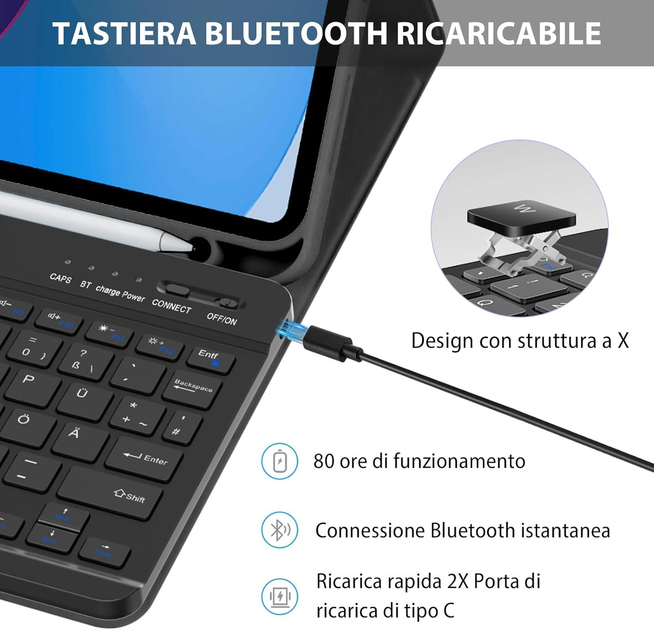 Чехол-клавиатура для iPad 10-го поколения 10.9 дюймов 2022 года, с Bluetooth клавиатурой, с держателем для стилус для iPad 10-го - Фото 6 Чехол-клавиатура для iPad 10-го поколения 10.9 дюймов 2022 года, с Bluetooth клавиатурой, с держателем для стилус для iPad 10-го - изображение 6