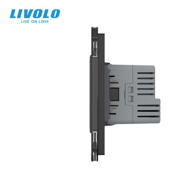 Розумний прохідний подвійний сенсорний вимикач із розеткою та розеткою USB Type-C 18 Вт LIVOLO чорний скло - зображення 2