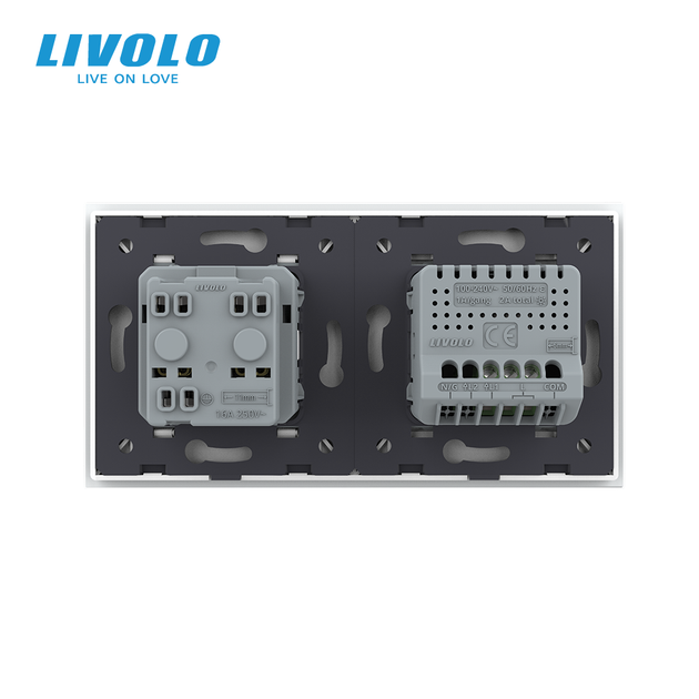 Умный сенсорный диммер с розеткой и крышкой IP44 LIVOLO 16А 230В, с заземлением, шторки, белый, стекло - изображение 4