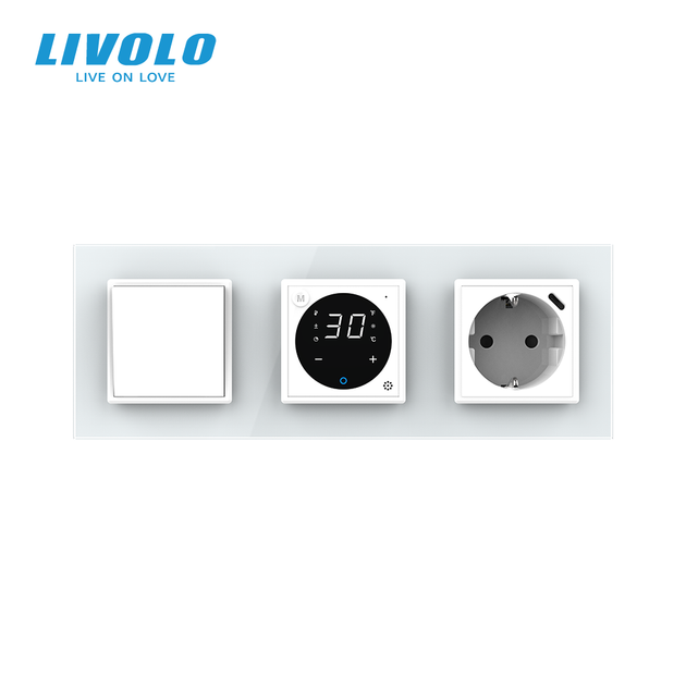 Терморегулятор для теплої підлоги + перехресний вимикач + USB Type-C 18Вт LIVOLO, білий скляний - зображення 3