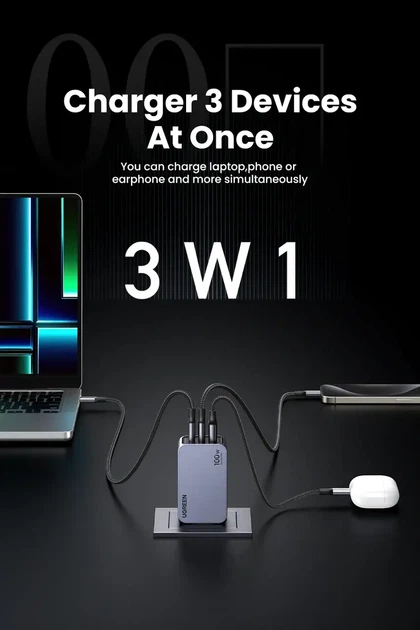 Мережевий зарядний пристрій UGREEN Nexode Pro 100W GaN, USB-C, PD, QC 4.0, 3 порти, швидке заряджання для ноутбука та смартфона - зображення 3