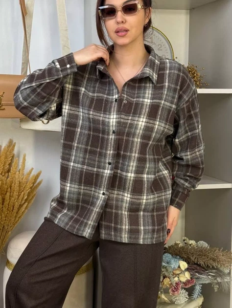 Сорочка oversize в клітинку зі спущеним рукавом на кнопках Innoe 300066-1 р. 46-48 Шоколадний - Фото 6 Сорочка oversize в клітинку зі спущеним рукавом на кнопках Innoe 300066-1 р. 46-48 Шоколадний - зображення 6