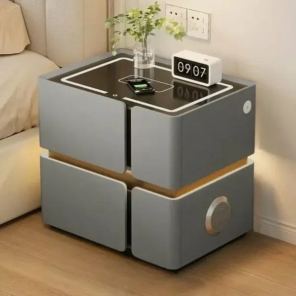Приліжкова смарт-тумба SZXF01 (50х40х48 см) з екошкіри із сенсорною LED-підсвіткою, USB-зарядкою і Bluetooth колонкою, Сіра - Фото 2 Приліжкова смарт-тумба SZXF01 (50х40х48 см) з екошкіри із сенсорною LED-підсвіткою, USB-зарядкою і Bluetooth колонкою, Сіра - зображення 2