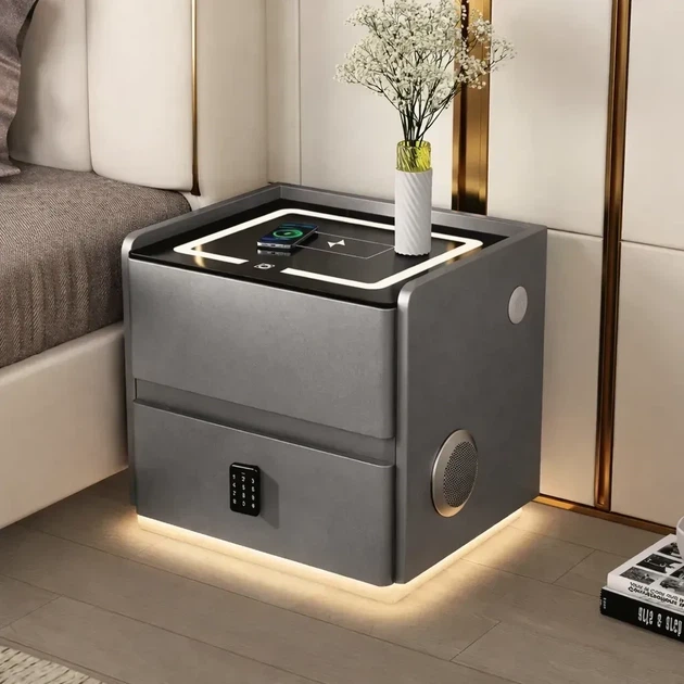 Смарт-тумба YJXF01 (50х40х47см) з екошкіри з LED-підсвіткою, USB, датчик руху, бездротова зарядка, Bluetooth-аудіо, Сіра - Фото 3 Смарт-тумба YJXF01 (50х40х47см) з екошкіри з LED-підсвіткою, USB, датчик руху, бездротова зарядка, Bluetooth-аудіо, Сіра - зображення 3
