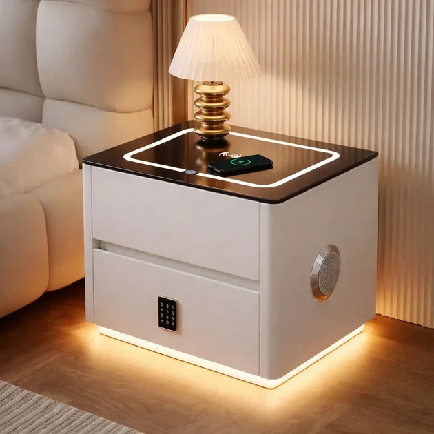 Смарт-тумба QYJXF02 (47х39х48 см) з екошкіри з LED-підсвіткою, USB, датчик руху, бездротова зарядка, Bluetooth-аудіо, Біла - Фото 4 Смарт-тумба QYJXF02 (47х39х48 см) з екошкіри з LED-підсвіткою, USB, датчик руху, бездротова зарядка, Bluetooth-аудіо, Біла - зображення 4