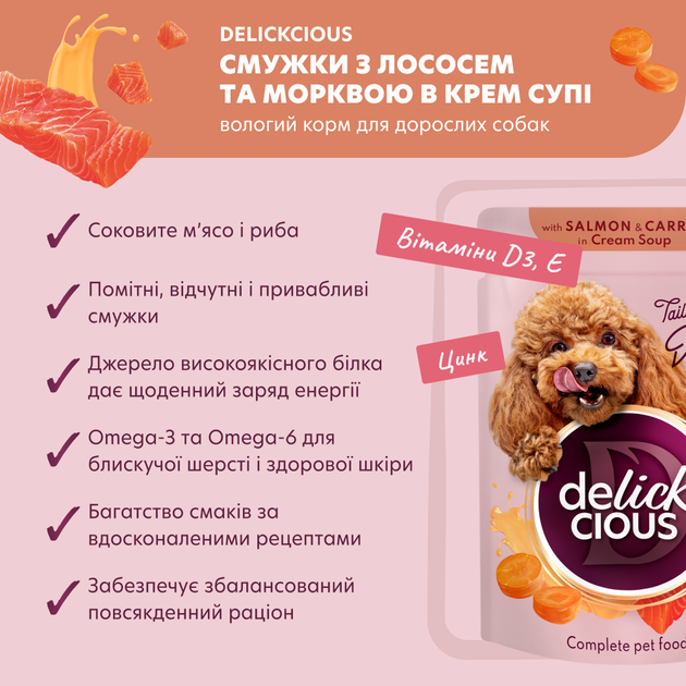 Консервированный корм Delickcious Полоски с лососем и морковью в крем-супе 85 г (D6211402) - изображение 2