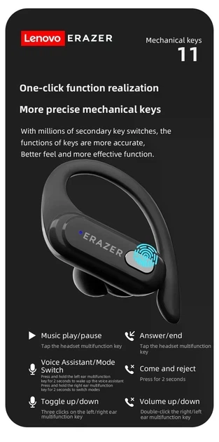 Беспроводные спортивные наушники Lenovo Erazer XT60 TWS Bluetooth, сенсорные со спортивным креплением за ухо - изображение 4