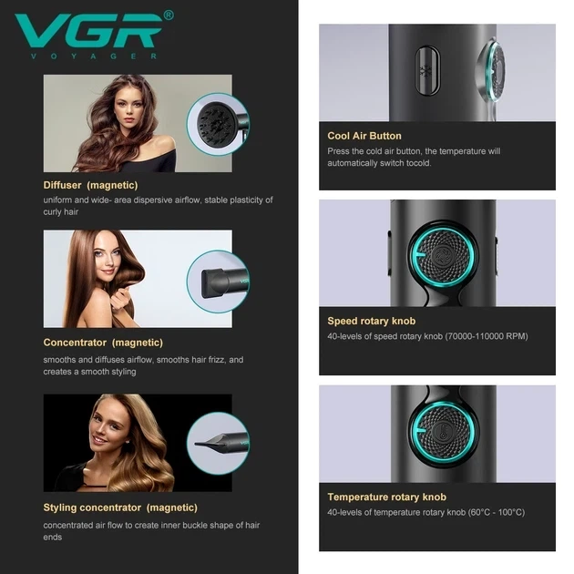 Профессиональный фен для волос VGR V-401 1900Вт с диффузором черный 10438 - изображение 5