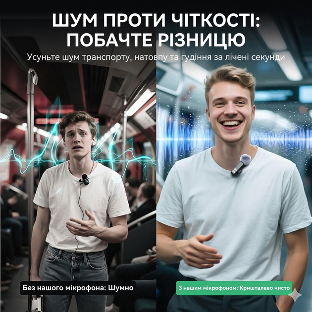 Бездротовий петличний мікрофон H67 (2 шт.) — подвійна система з LED-дисплеєм та шумопоглинанням для iPhone/Android - зображення 5