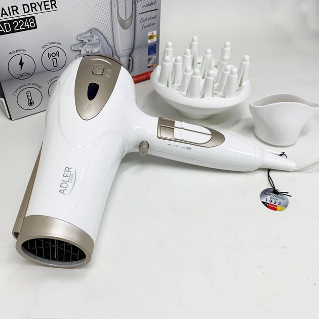 Электрический фен для волос Adler AD-2248 White 2400Вт для укладки и сушки с насадками с ионизацией - изображение 2