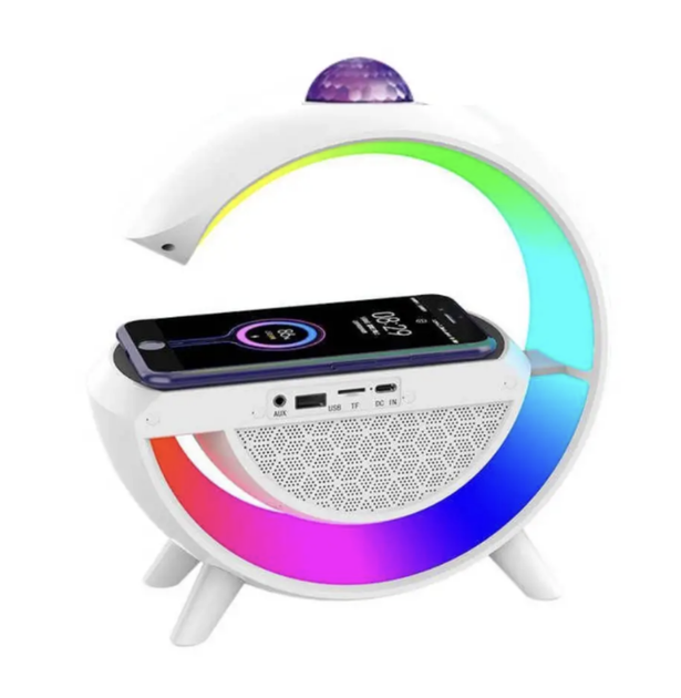 Настольная смарт лампа G2388 ночник с беспроводной зарядкой Qi и Bluetooth колонкой RGB подсветкой 270х80х235 мм для дома и рабочего пространства многофункциональное устройство для освещения и развлечений с современной системой управления режимами - изображение 4