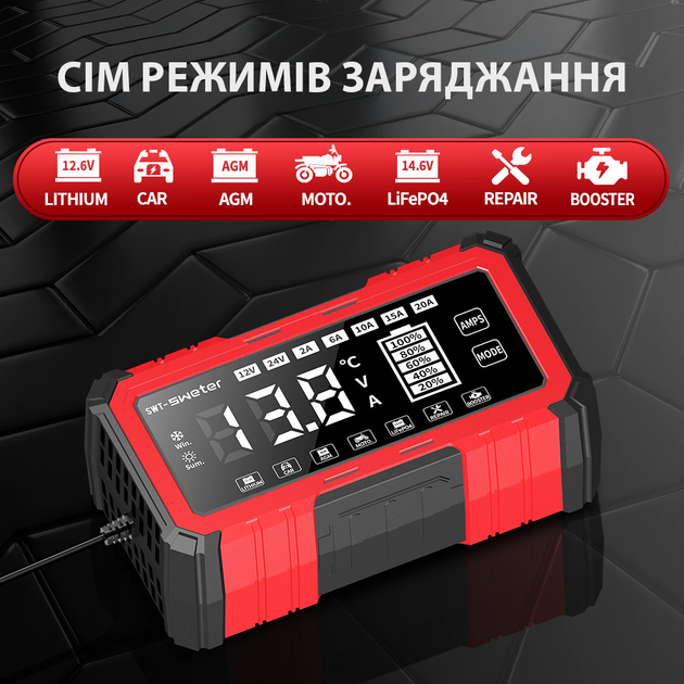 Зарядний пристрій SWT-SWETER 12V20A/24V10A з функцією джампстартера, для свинцево-кислотних LiFePO4 AGM EFB SLA Gel акумуляторів - зображення 5