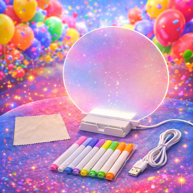 Светодиодная LED доска для рисования, круглая доска USB для записей, ночник с маркерами, 18.5×20см. - зображення 3