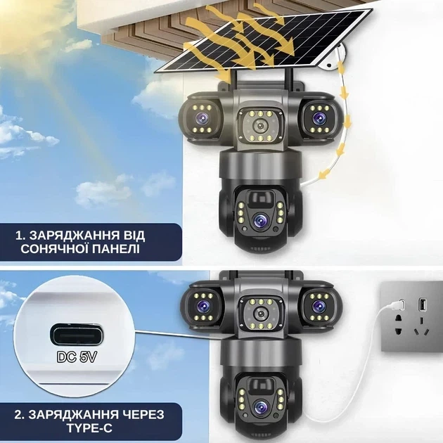 Тройная уличная IP 4G камера видеонаблюдения, автономная с солнечной панелью 12MP, V380 PRO - изображение 5