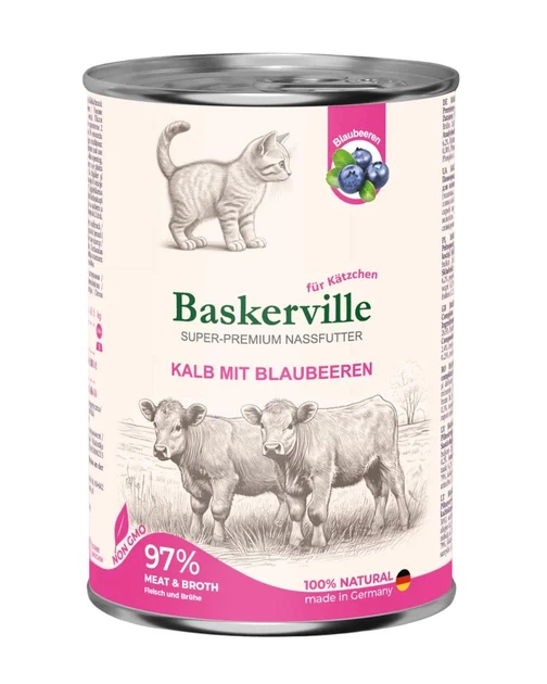 Консервований корм Baskerville KF Super Premium Kalb Mit Blaubeeren - для кошенят всіх порід, телятина з чорницею 400 г (4250231541797) - Фото 1 Консервований корм Baskerville KF Super Premium Kalb Mit Blaubeeren - для кошенят всіх порід, телятина з чорницею 400 г (4250231541797) - зображення 1