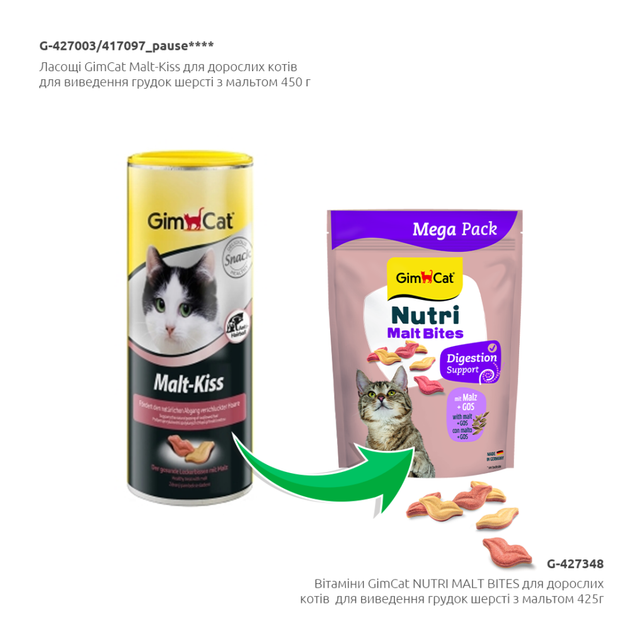 Вітаміни GimCat Nutri Malt Bites для дорослих котів для виведення грудок шерсті з мальтом 425 г - зображення 3