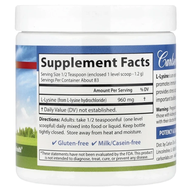 Л-Лізин Carlson (L-Lysine) 960 мг 100 г (CAR-06885) - изображение 2