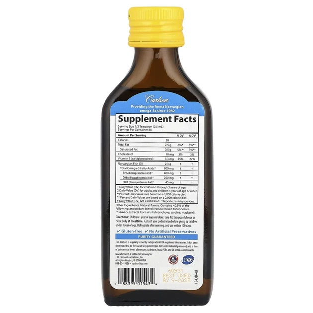 Риб'ячий жир для дітей Carlson (Kid's The Very Finest Fish Oil) 800 мг 200 мл зі смаком натурального лимона (CAR-01543) - зображення 2