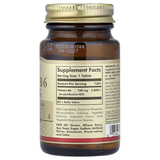 Вітамін В6 Solgar (Vitamin B6) 100 мг 100 таблеток (SOL-03120) - Фото 2 Вітамін В6 Solgar (Vitamin B6) 100 мг 100 таблеток (SOL-03120) - зображення 2