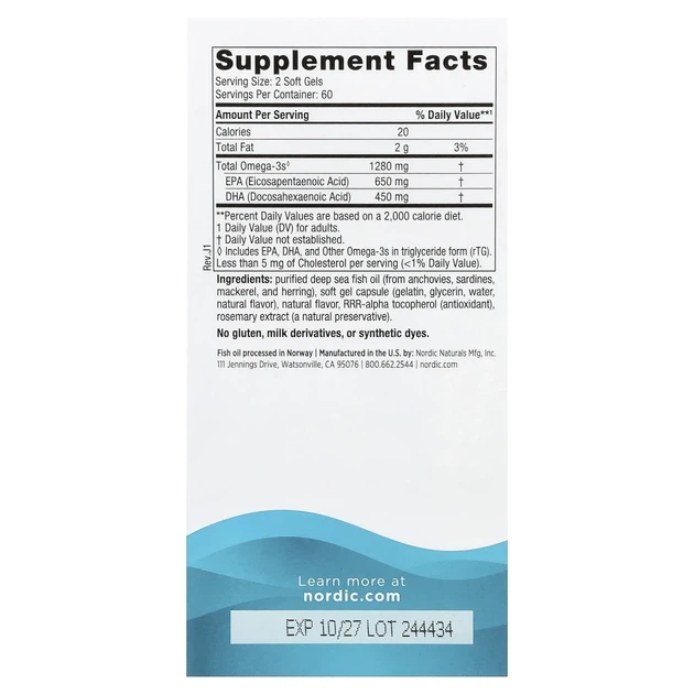 Nordic Naturals, Ultimate Omega, омега кислоти, з лимонним смаком, 1280 мг, 120 капсул (640 мг у капсулі) (NOR-02790) - изображение 2